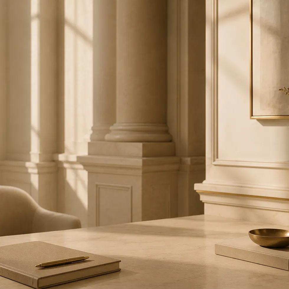 Bright, elegant executive desk with a notebook and pen in an advisory office setting, representing client consultation services at Ascot Advisory.