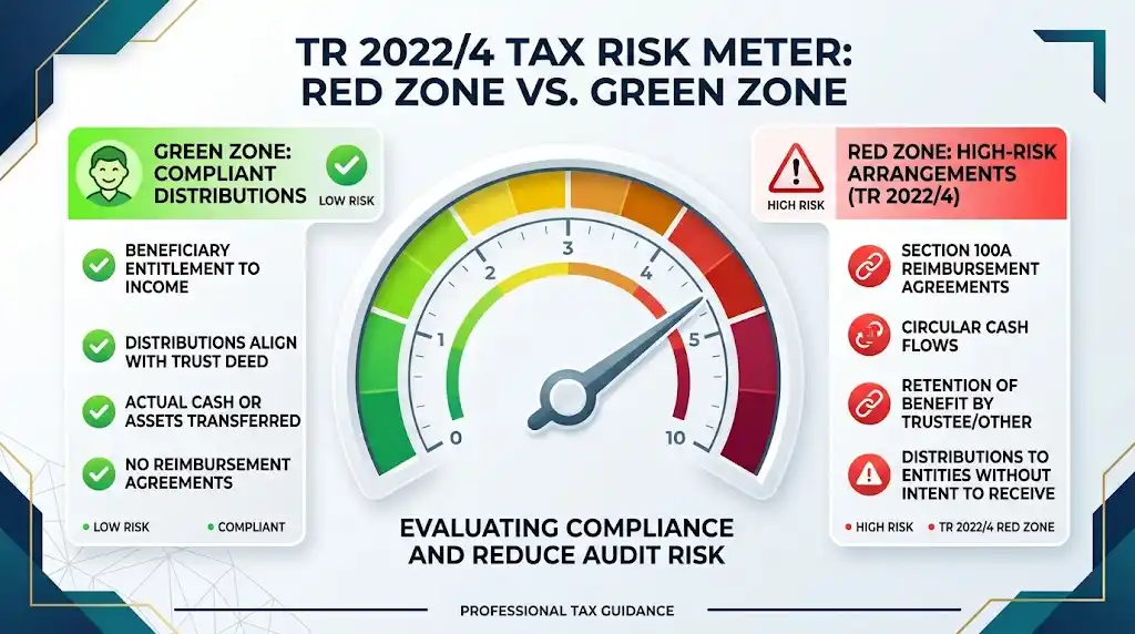Section 100A risk zone classification diagram for discretionary trust distributions.